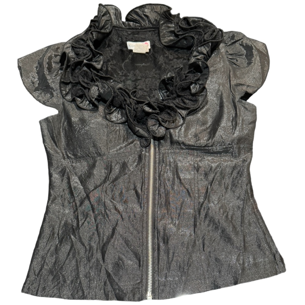 Body Central Metallic Lace Ruffle Zip Front Top Black Silver Y2K Goth JT1482 pb2